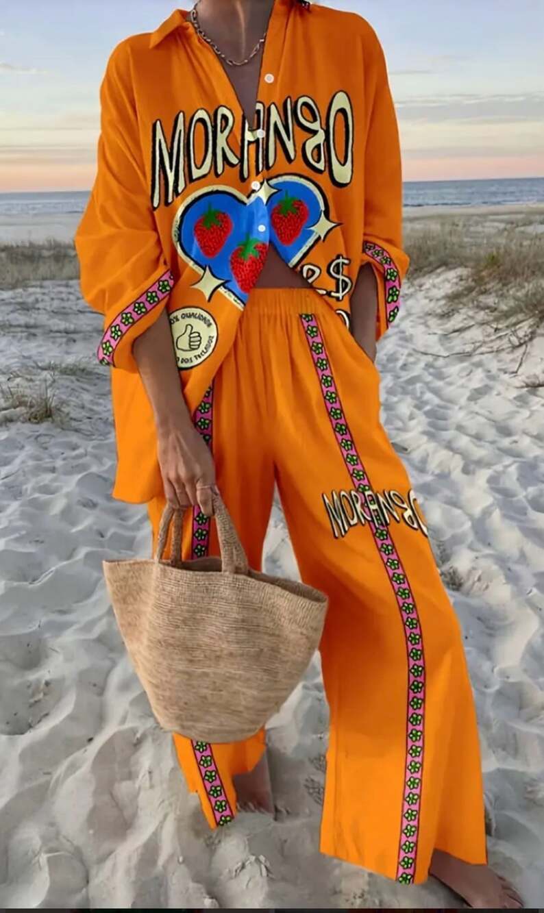 Morango Strawberry Graphic Two Piece Set Orange Tropical Resortwear Oversized 5X